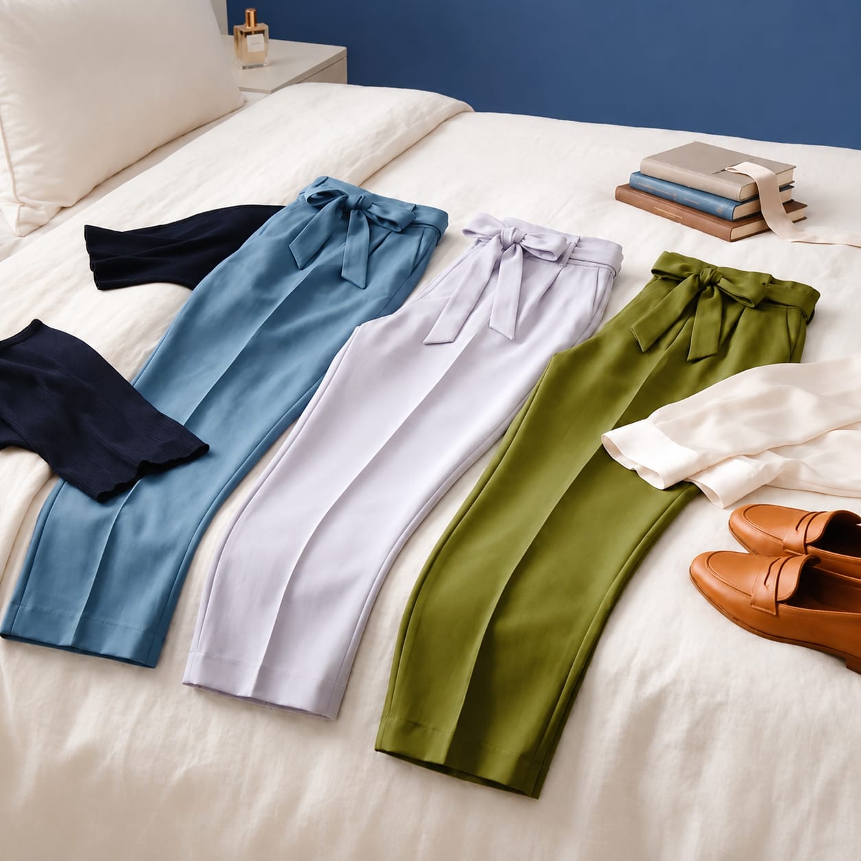 3-Piece Combo Women’s Formal Pants: Grey, Olive, Blue Set